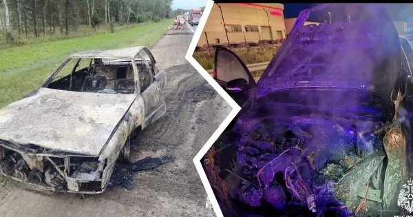 Пожарные тушат горящий легковой автомобиль на улице Городской вал в Ярославле ночью